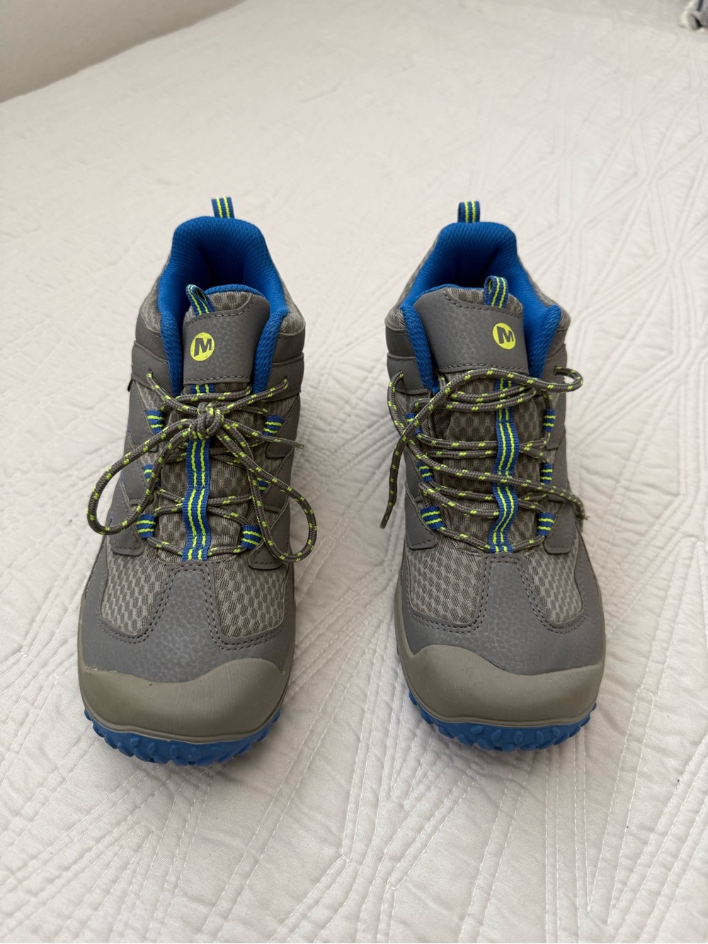 Merrell Gray and Blue Trail boots with Neon Green Accents